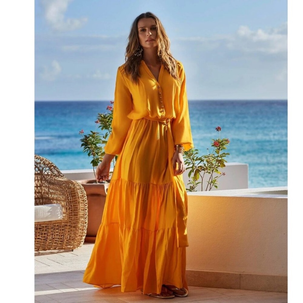 Melissa Odabash Bright Sonja Yellow Long Sleeve Dress size L NO BELT